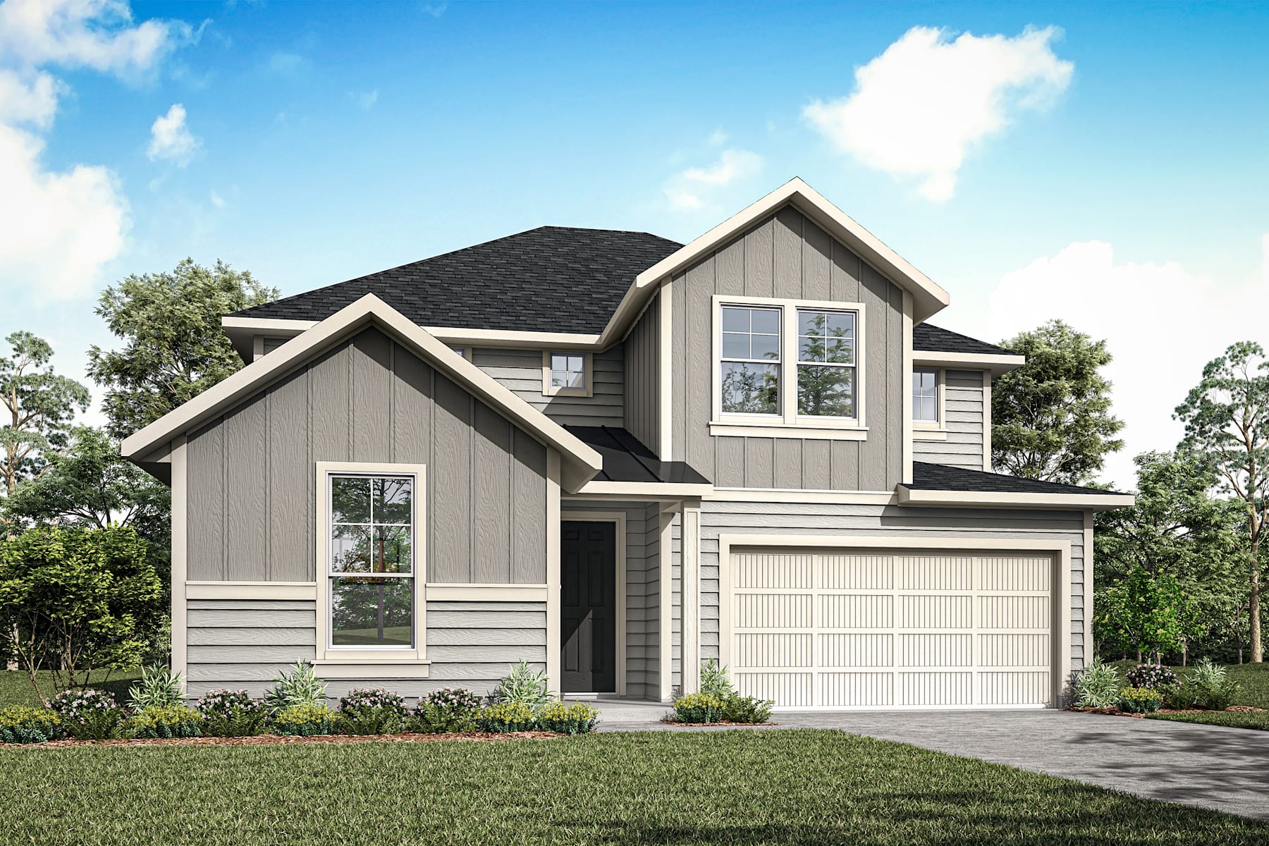 A two-story house with a gray exterior, a black roof, and a garage door stands in a grassy area surrounded by trees against a blue sky with white clouds.