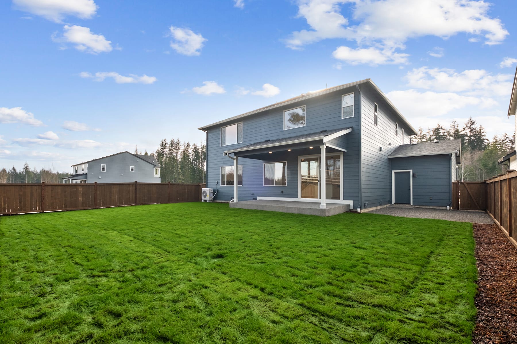 A modern two-story house with a well-manicured lawn in the foreground, surrounded by trees and a clear blue sky with fluffy white clouds in the background.