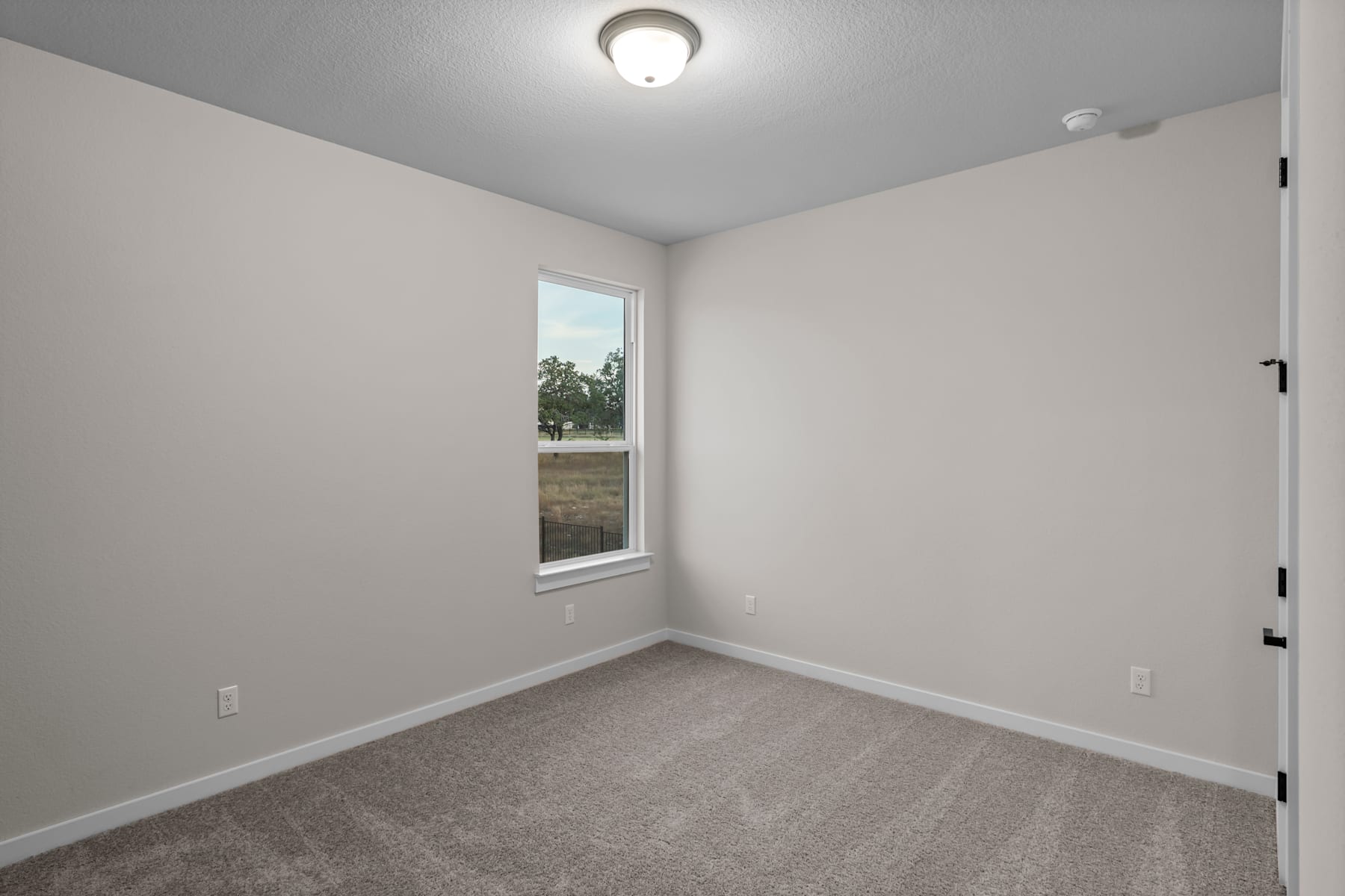 A simple, minimalist bedroom with a window overlooking a wooded area, featuring a ceiling light and gray carpeted floor.
