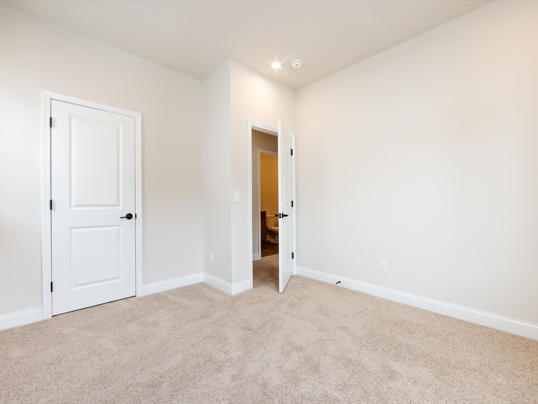 A spacious, well-lit room with white walls, a carpeted floor, and two white doors leading to other areas of the space.