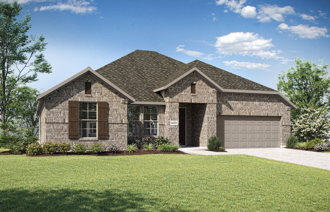 A well-manicured lawn surrounds a two-story brick and stone house with a prominent roof and a garage door, set against a backdrop of blue sky with fluffy white clouds.