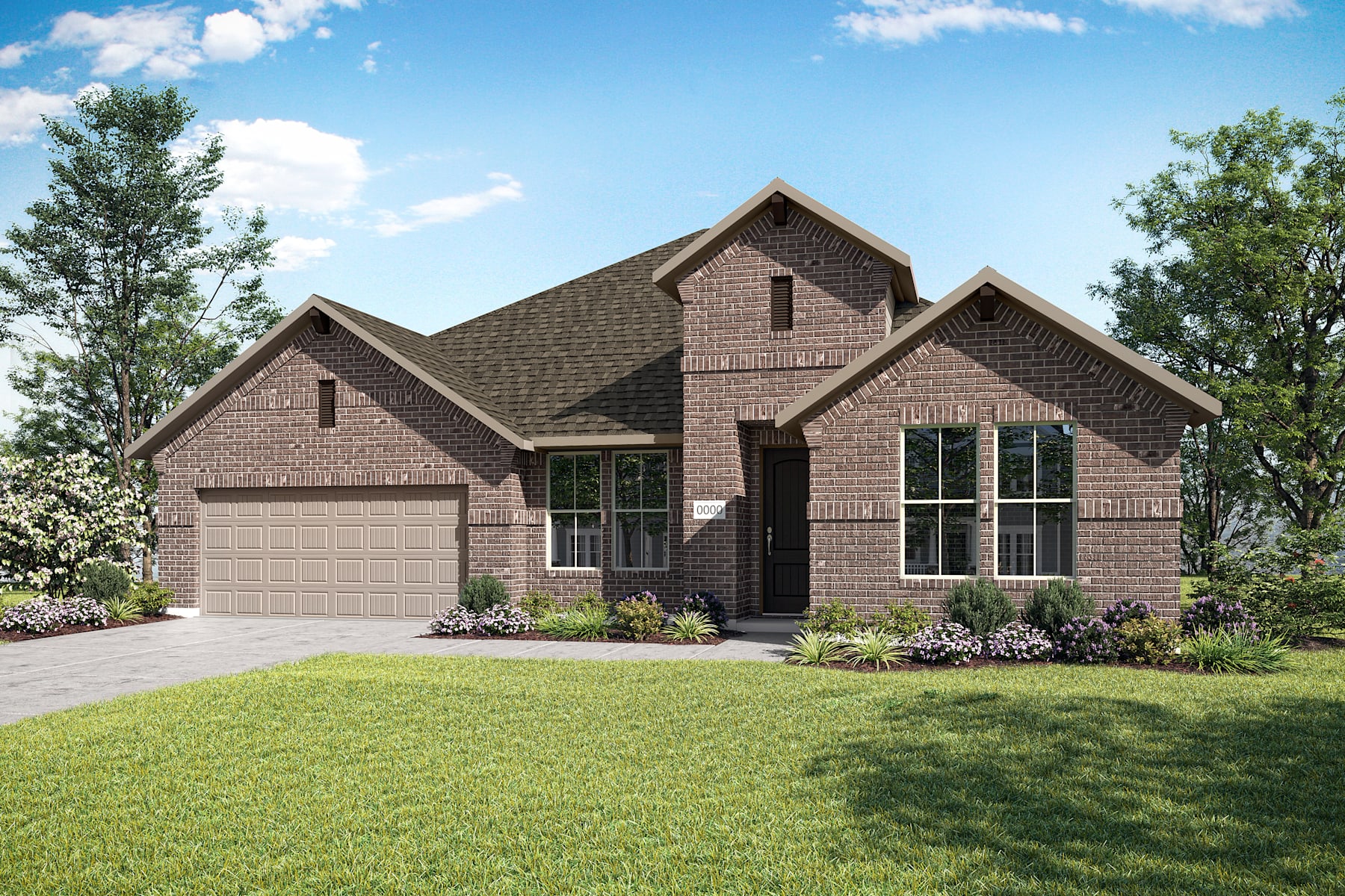 A two-story brick house with a gabled roof and a well-manicured lawn surrounded by lush greenery and a clear blue sky with fluffy white clouds.