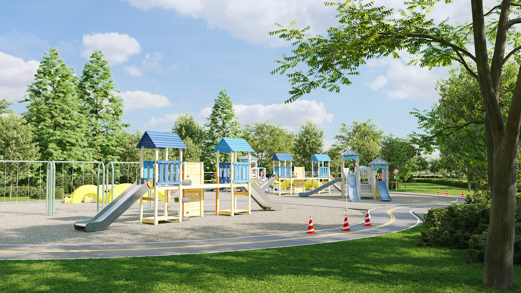 A colorful and vibrant playground with various play structures surrounded by lush greenery and a clear blue sky in the background.