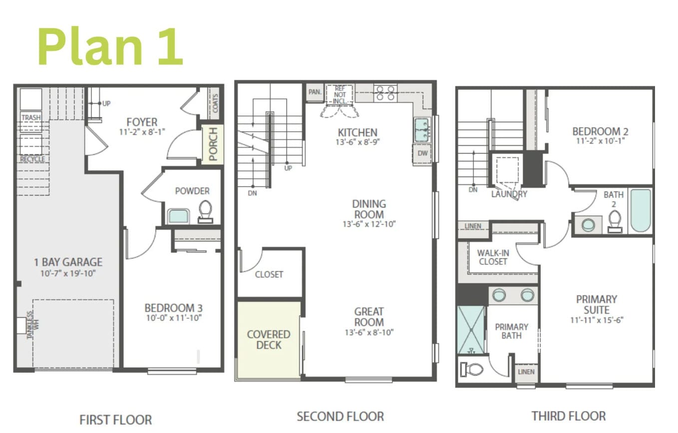The image shows a detailed floor plan for a three-story residential building, with labeled rooms and dimensions on each level.