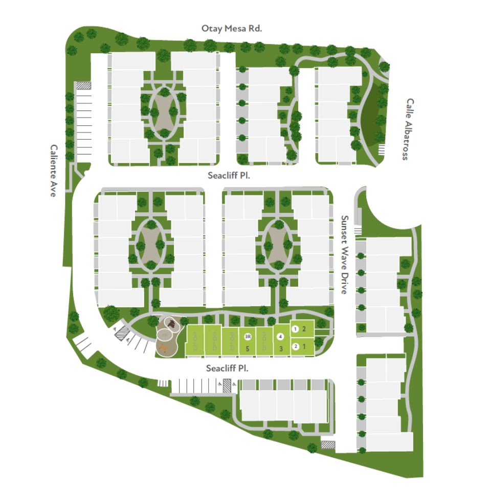 A detailed map of a landscaped area, featuring various buildings, pathways, and green spaces arranged in a symmetrical layout.