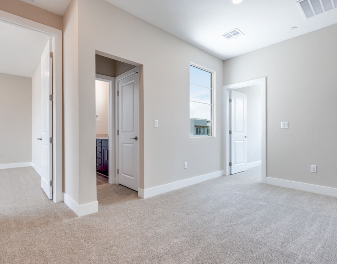 A spacious, well-lit room with white walls, a carpeted floor, and several doors leading to other areas of the home.