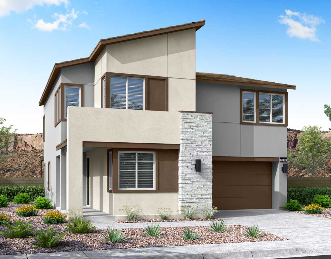A modern two-story house with a stone facade, surrounded by landscaped gardens and a clear blue sky in the background.
