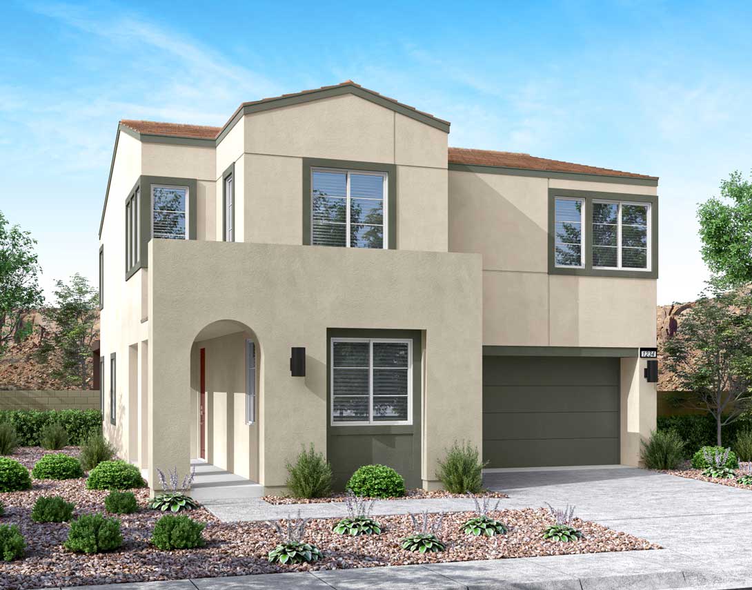 A modern two-story house with a garage, surrounded by landscaped gardens and a clear blue sky in the background.