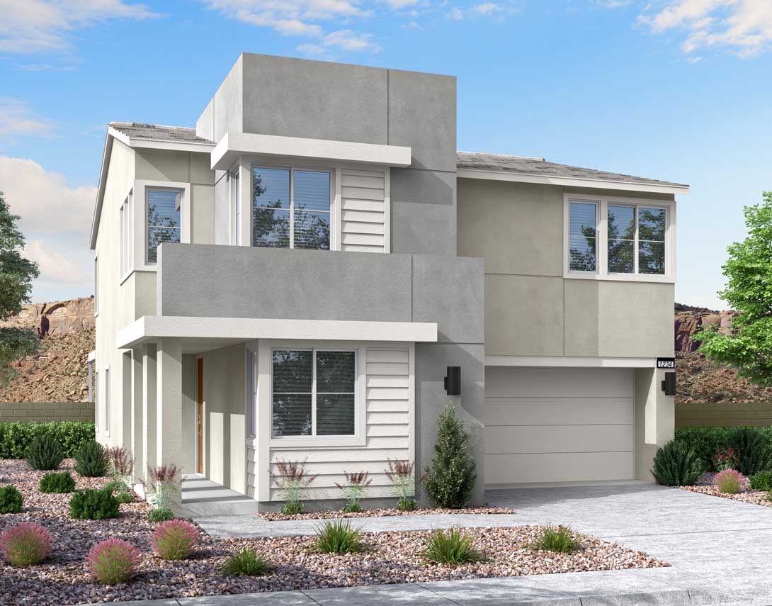 A modern, two-story residential building with a minimalist design, surrounded by a well-landscaped garden featuring various plants and flowers in the foreground, set against a clear blue sky with scattered clouds.