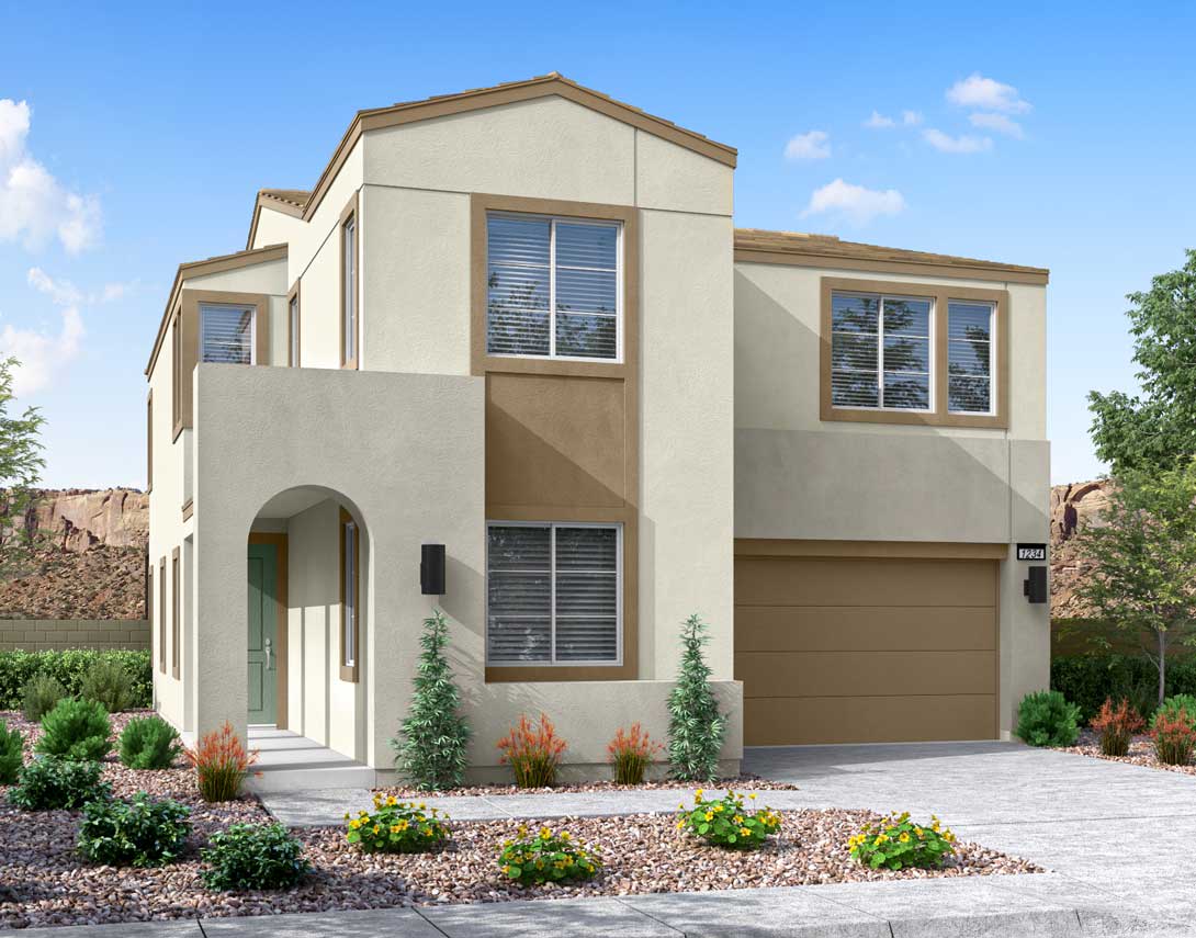 A modern two-story residential building with a beige exterior, a garage, and a well-landscaped front yard featuring various plants and flowers.