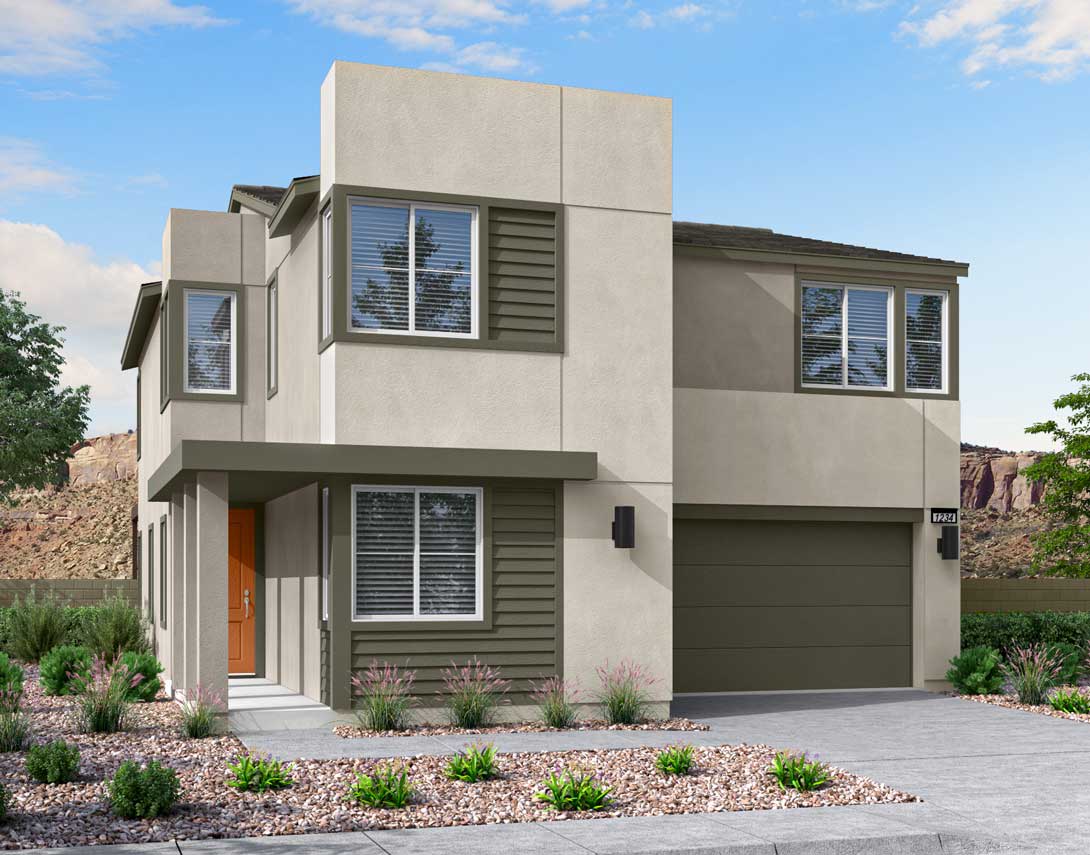 A modern, two-story residential building with a garage, surrounded by landscaped gardens and a clear blue sky in the background.