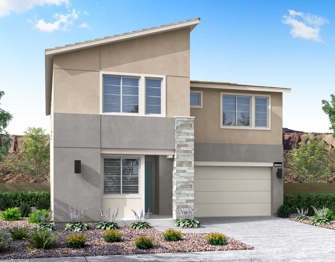 A modern two-story residential house with a garage, surrounded by a well-landscaped yard featuring various flowering plants and shrubs against a backdrop of a clear blue sky with scattered clouds.