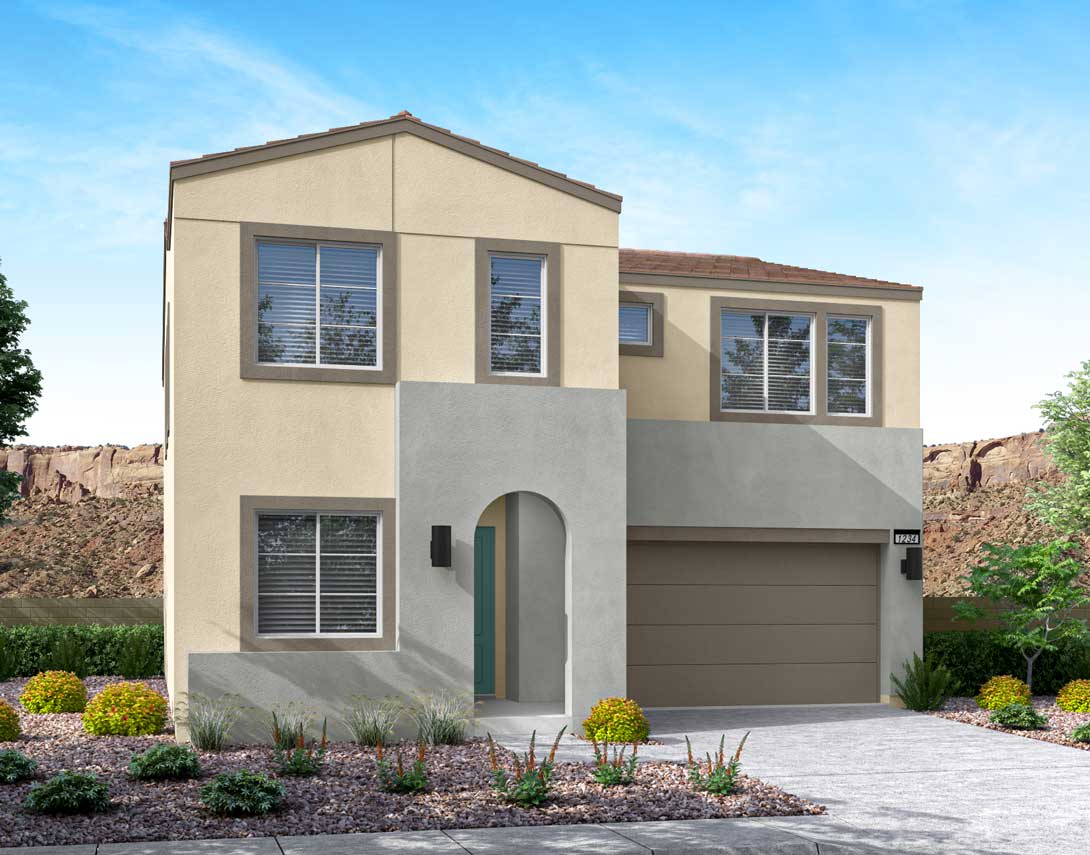 A two-story beige house with a garage door, surrounded by landscaped gardens and a clear blue sky in the background.