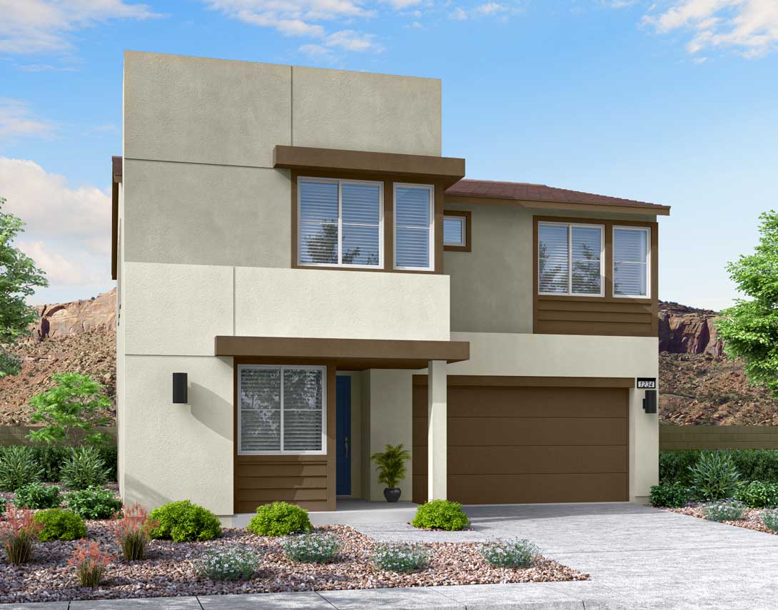 A modern two-story residential building with a neutral-colored exterior, surrounded by landscaped greenery and a paved driveway leading to a garage door.