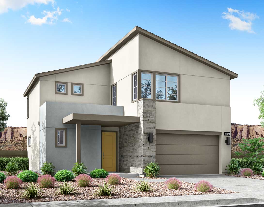 A modern two-story house with a gray exterior, a garage, and a well-landscaped front yard with shrubs and plants against a blue sky with clouds.