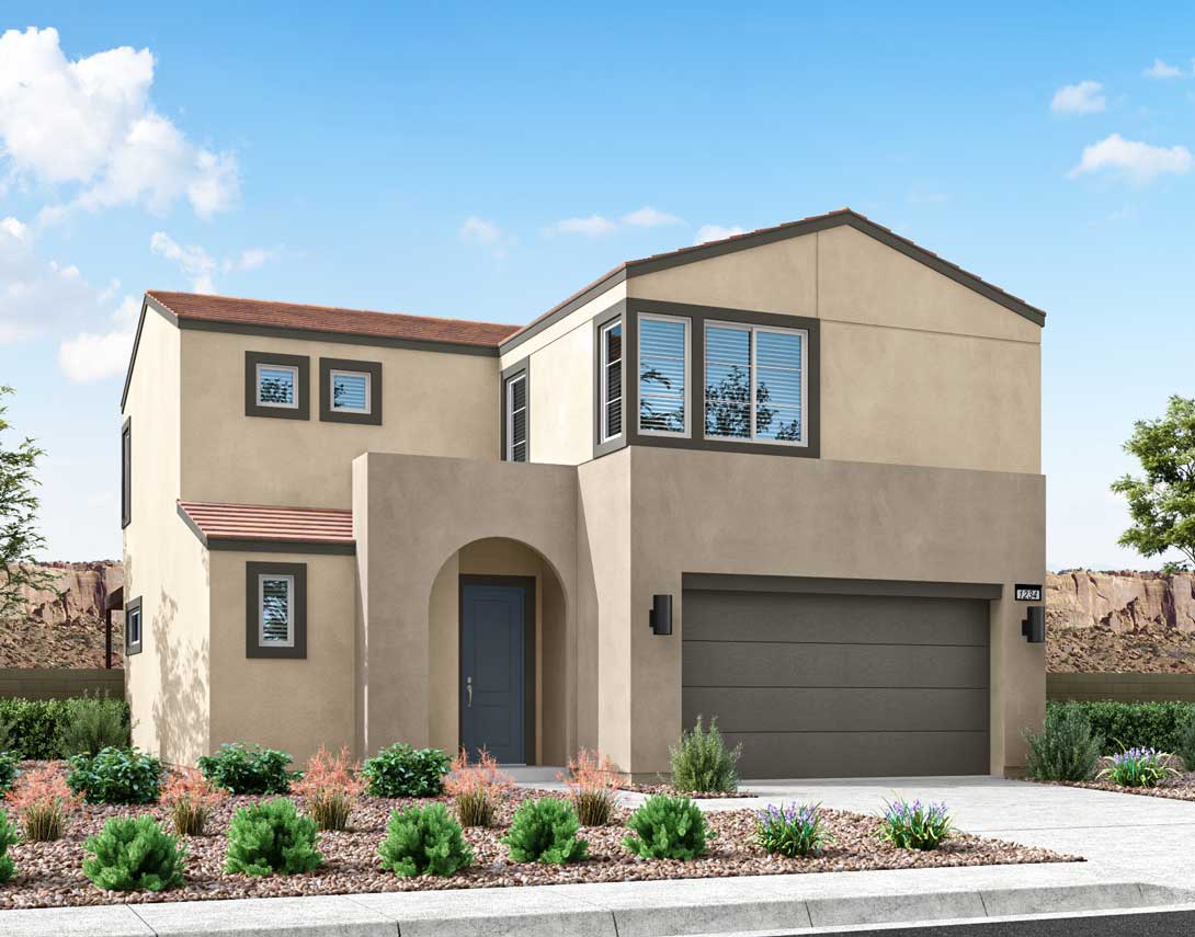 A two-story beige stucco house with a red tile roof, surrounded by landscaped gardens and a clear blue sky in the background.