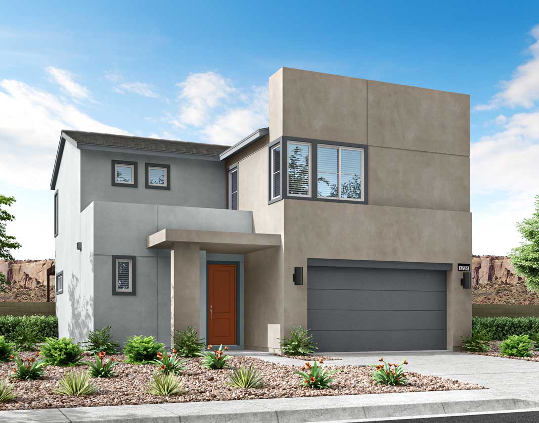 A modern two-story house with a gray exterior, a garage door, and a landscaped front yard against a clear blue sky with some clouds.