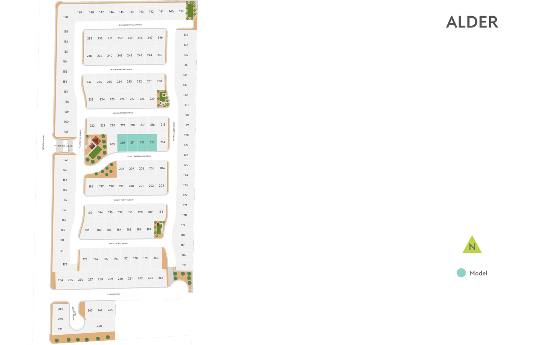 The image appears to be a site plan or layout of a residential development called "Alder". It shows a grid of rectangular plots, some with buildings or structures, surrounded by green spaces and roads.