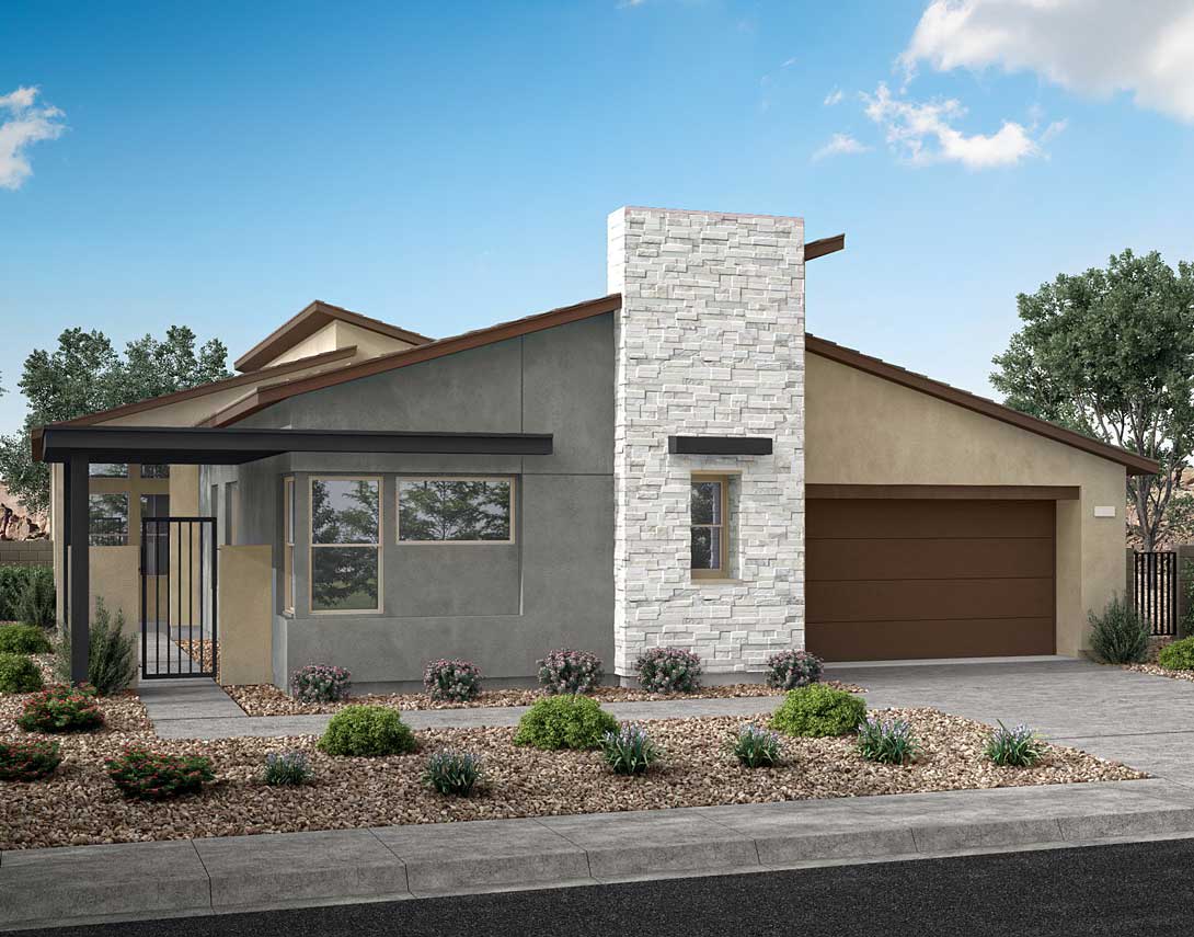 A modern, single-story house with a stone facade, a covered porch, and a garage door, set against a backdrop of trees and a blue sky with scattered clouds.