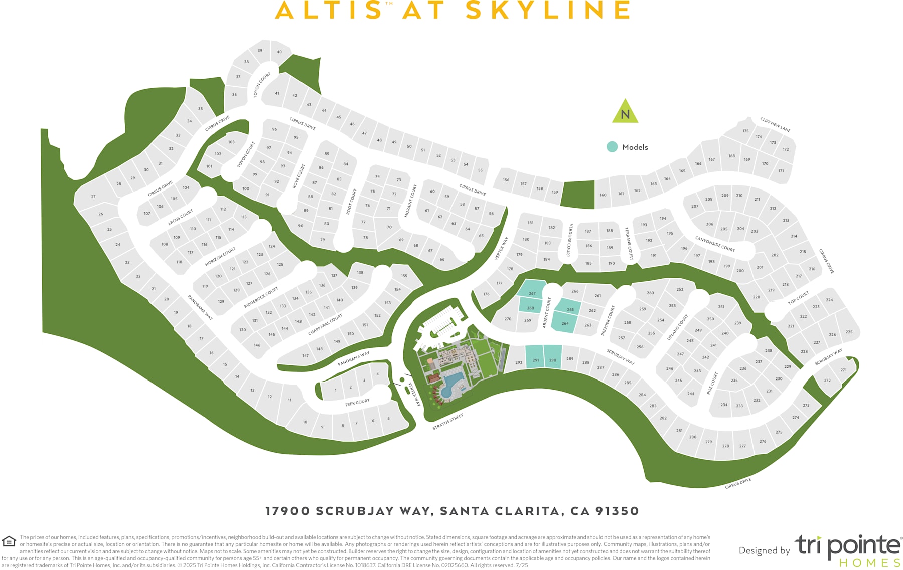 The image is a map of a residential development called "Altis at Skyline" located at 17900 Scrubby Way, Santa Clarita, CA 91350. The map shows the layout of the development, including residential areas, green spaces, and other features.