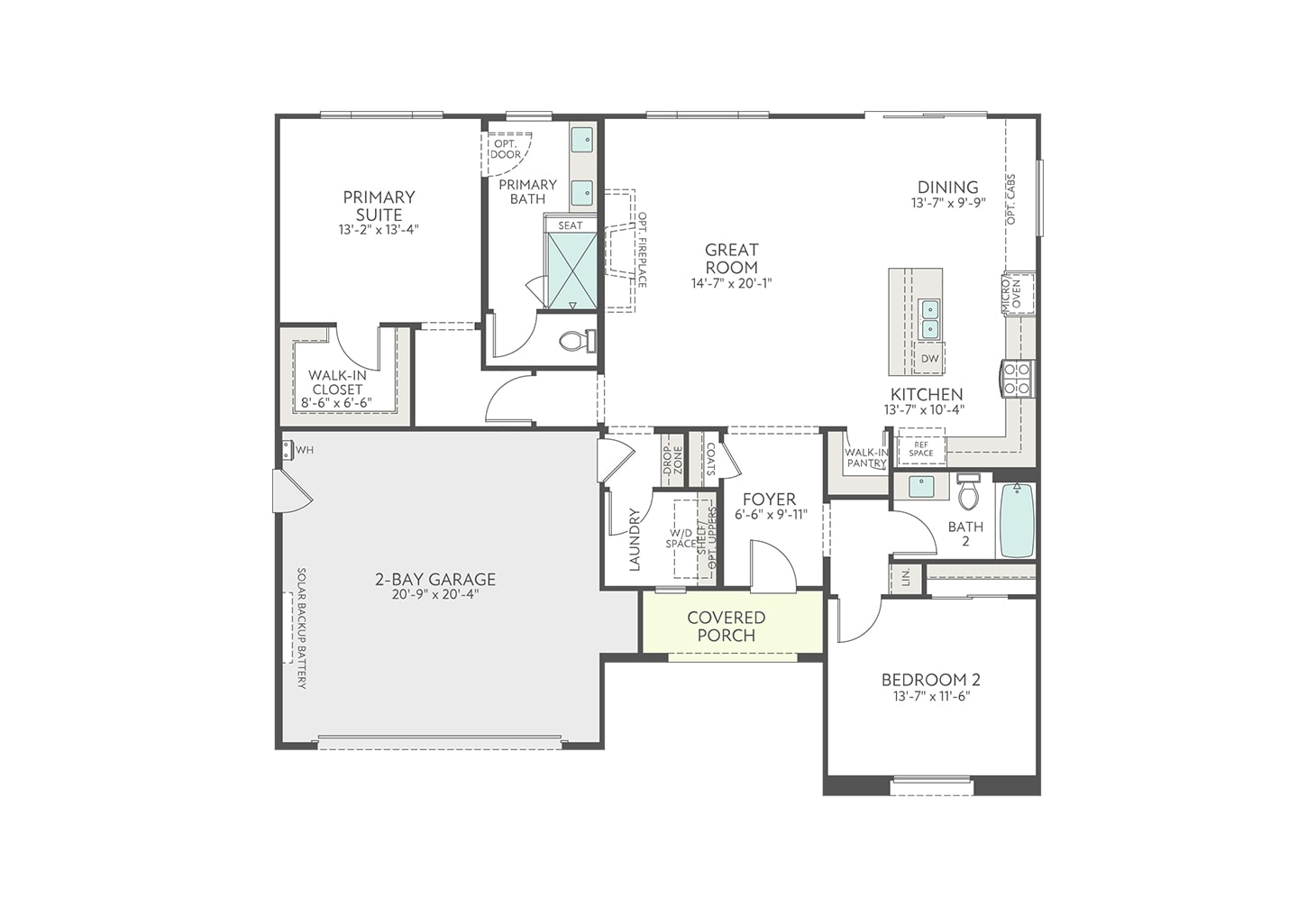 A floor plan of a residential home, featuring a primary suite, a great room, a dining area, a two-car garage, and a bedroom.