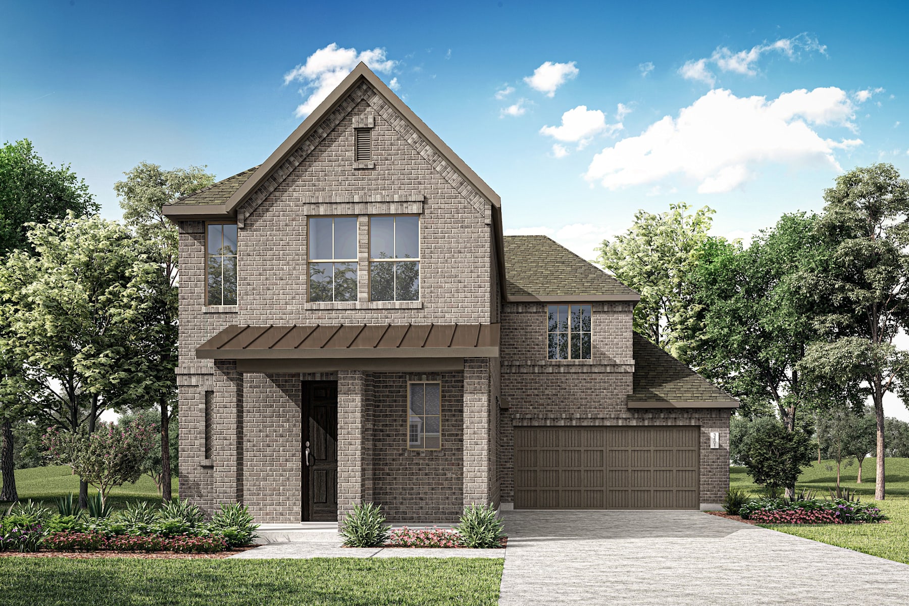 A two-story brick house with a gabled roof, surrounded by lush greenery and a clear blue sky with fluffy white clouds.
