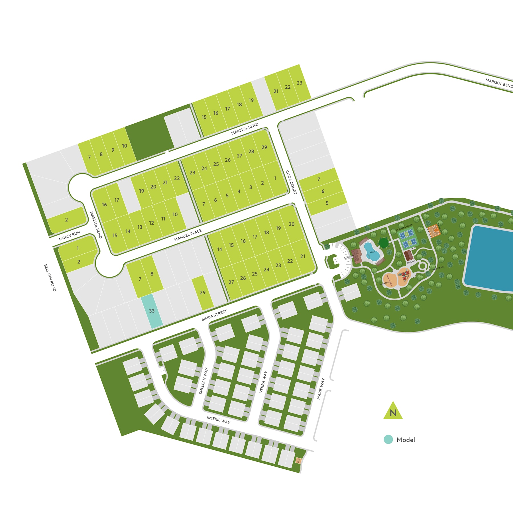 A detailed site plan or layout of a residential or commercial development, featuring various plots, roads, and green spaces.