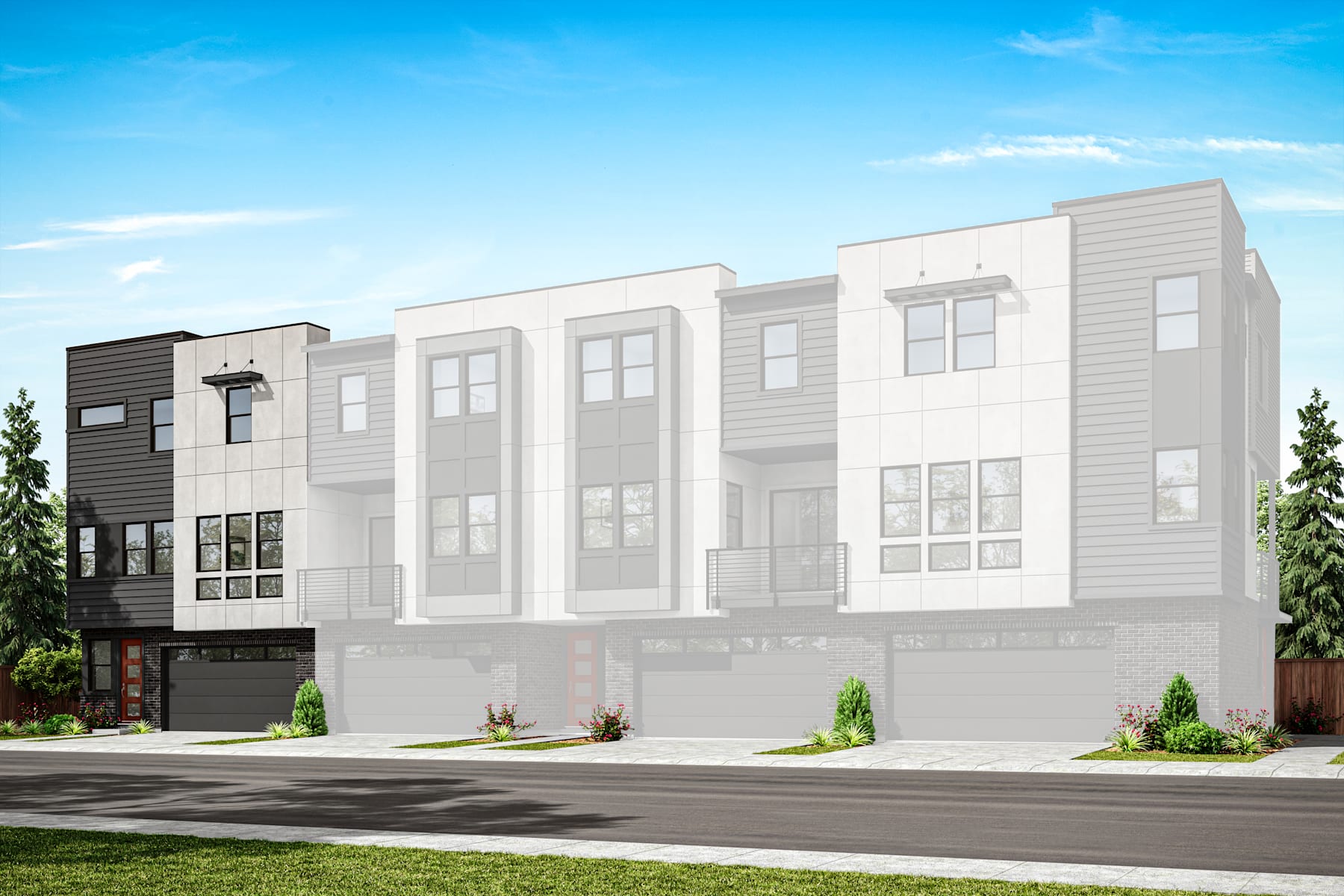 A modern multi-story residential building with a mix of gray and white exterior colors, surrounded by trees and a paved road in the foreground.