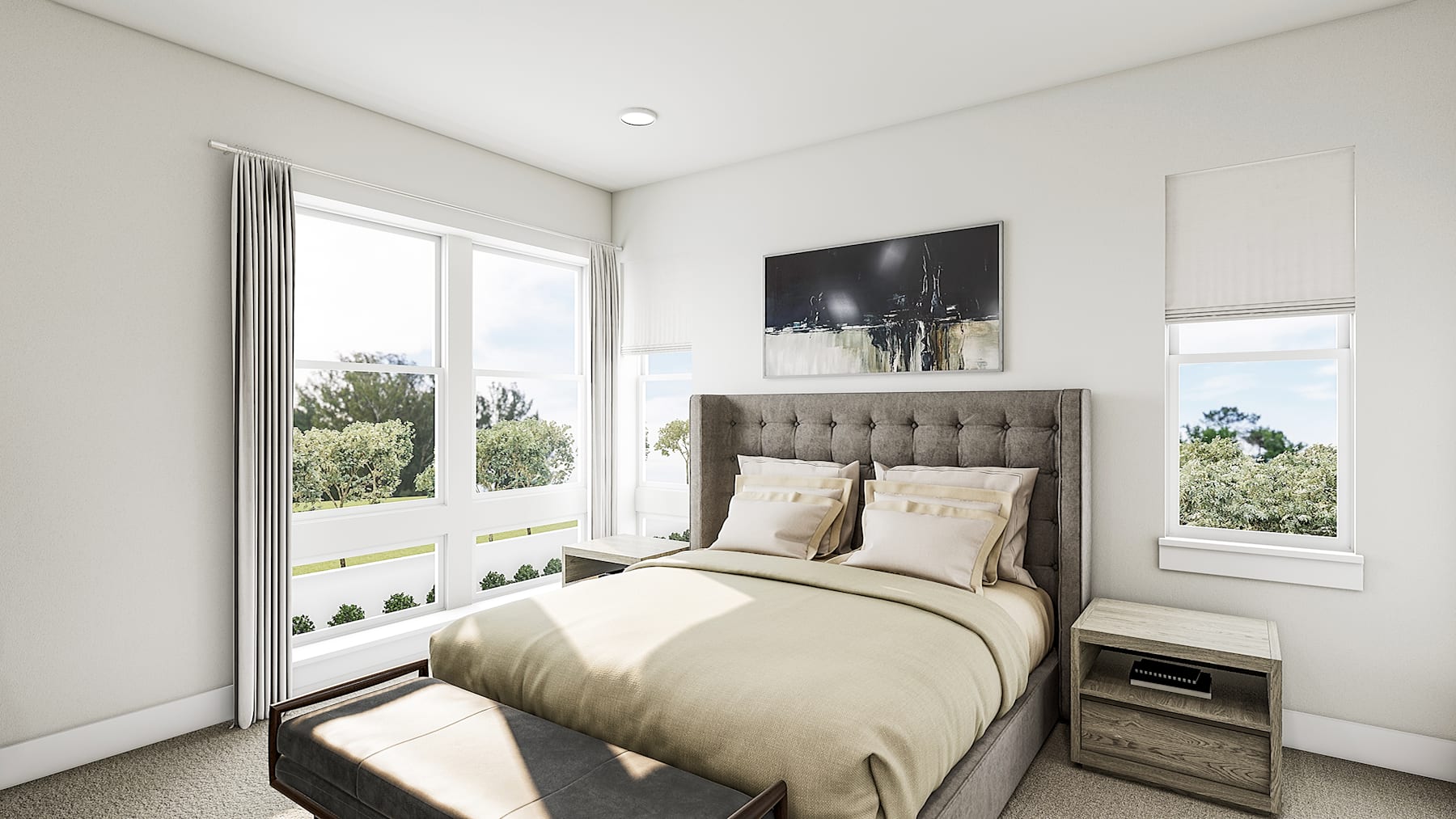A cozy and well-lit bedroom with a tufted headboard, neutral-toned bedding, and large windows overlooking a scenic outdoor landscape.