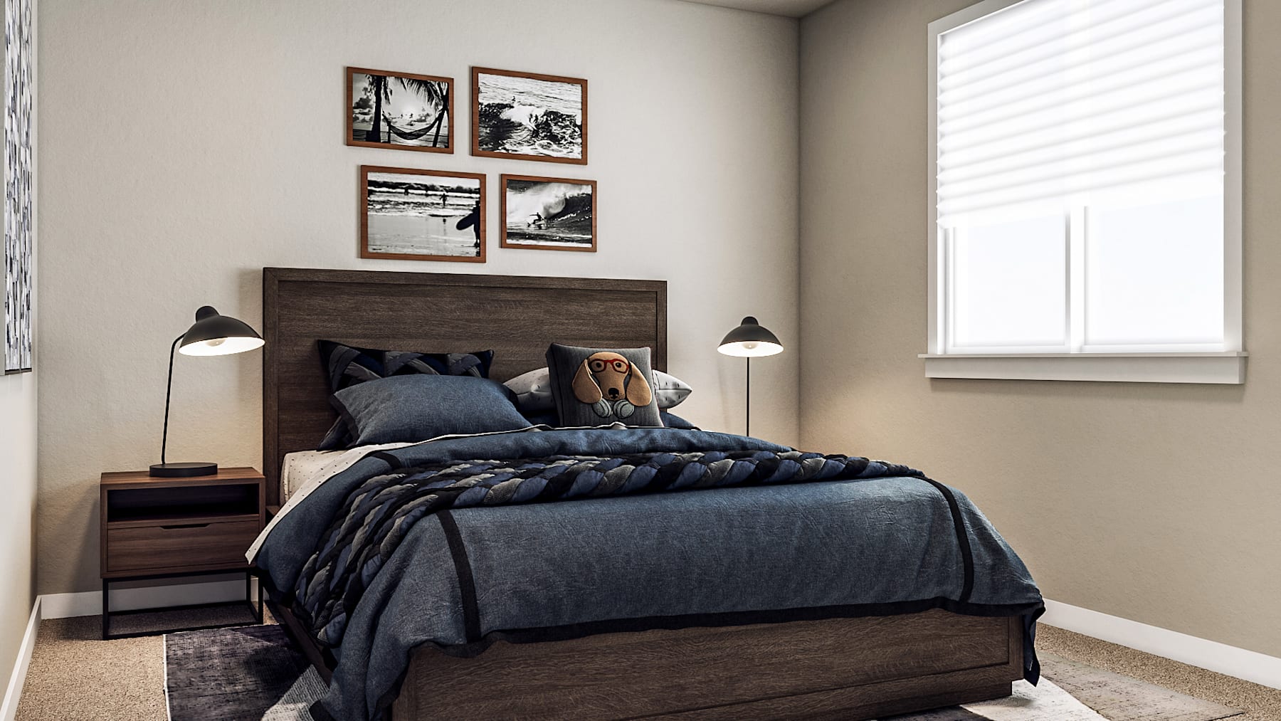 A cozy and modern bedroom with a dark-colored bed frame, bedding, and artwork on the walls, complemented by a large window providing natural light.