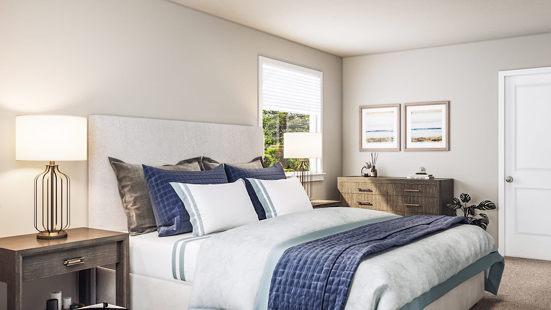 A cozy and well-furnished bedroom with a large bed, nightstands, and a dresser, complemented by framed artwork on the walls and a view of the outdoors through a window.