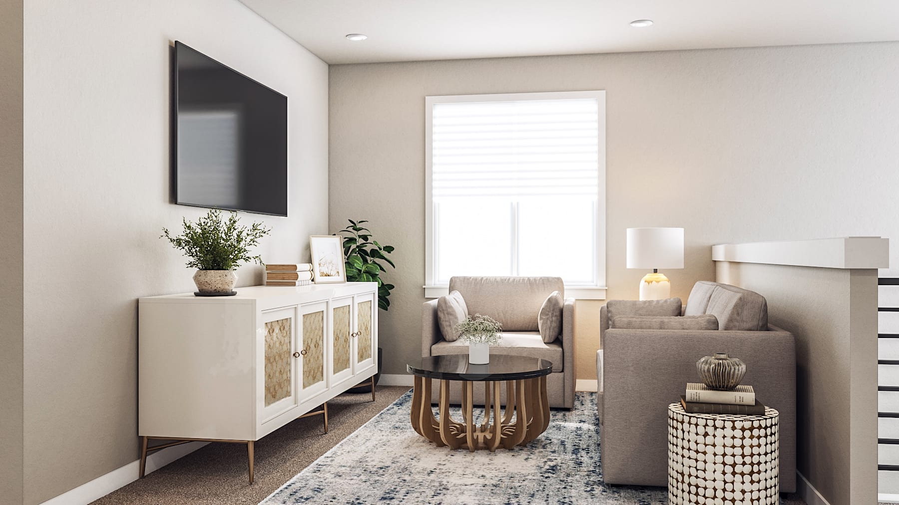 A cozy and modern living room with a white TV stand, a gray sofa, and various decorative elements such as plants, lamps, and a patterned rug.