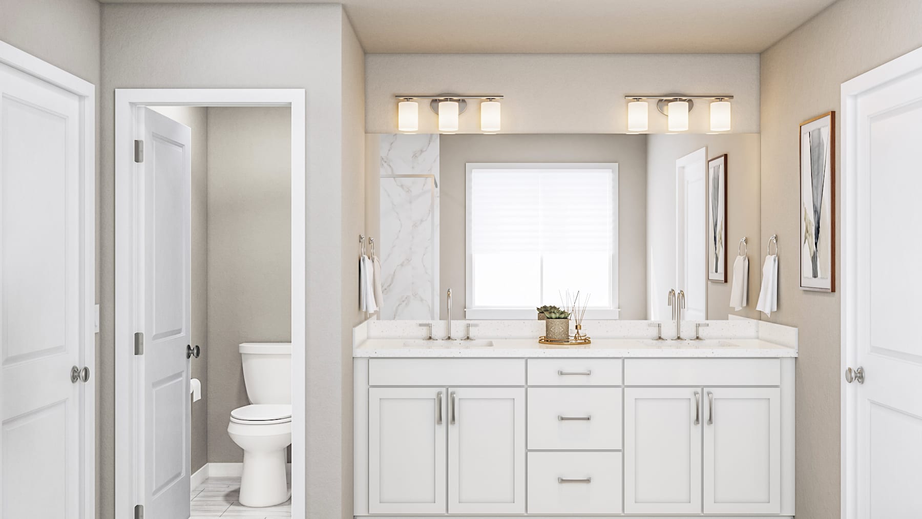 A bright and spacious bathroom with white cabinets, a double vanity, and a large window providing ample natural light.