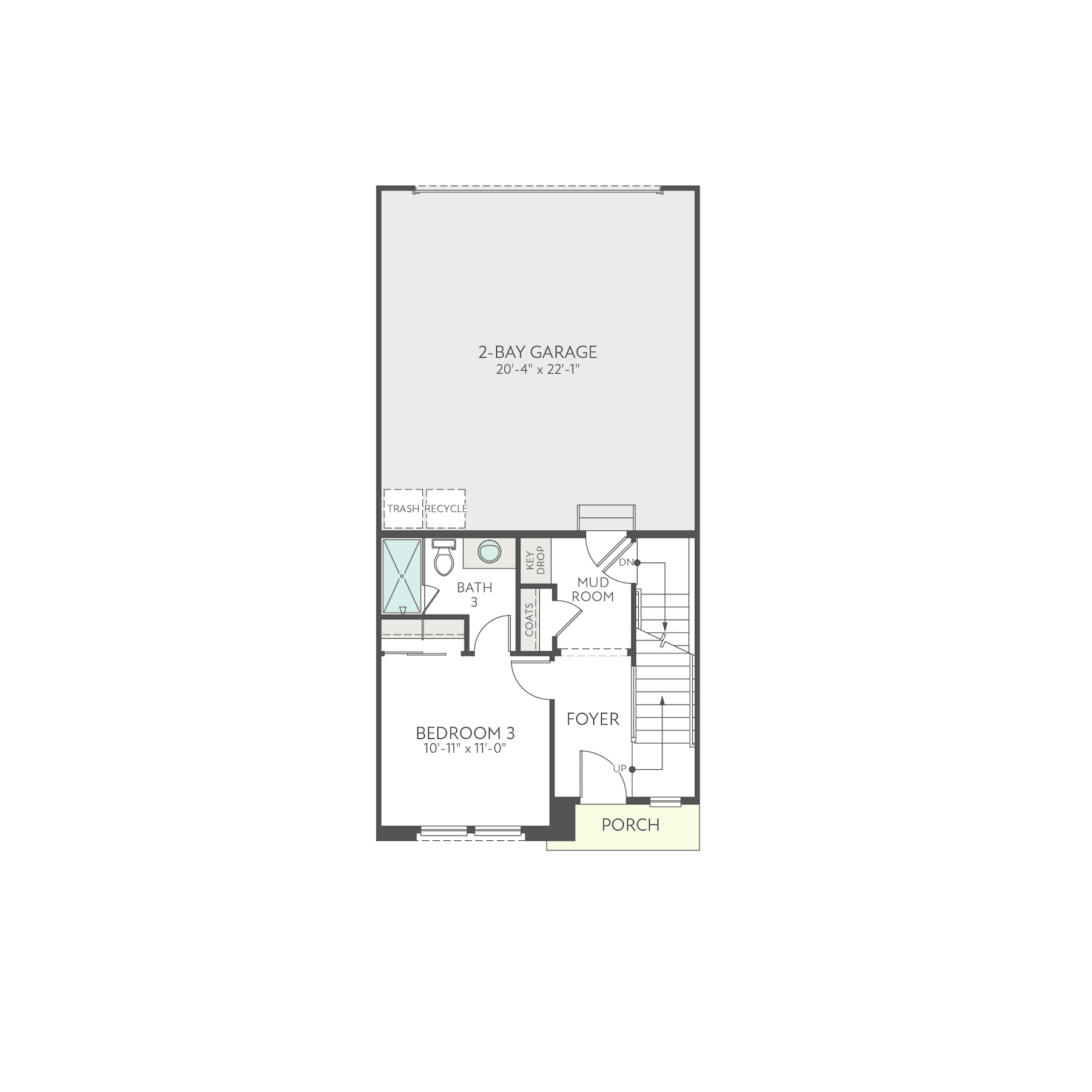 A floor plan diagram of a two-bay garage with a bedroom, bathroom, and porch layout.