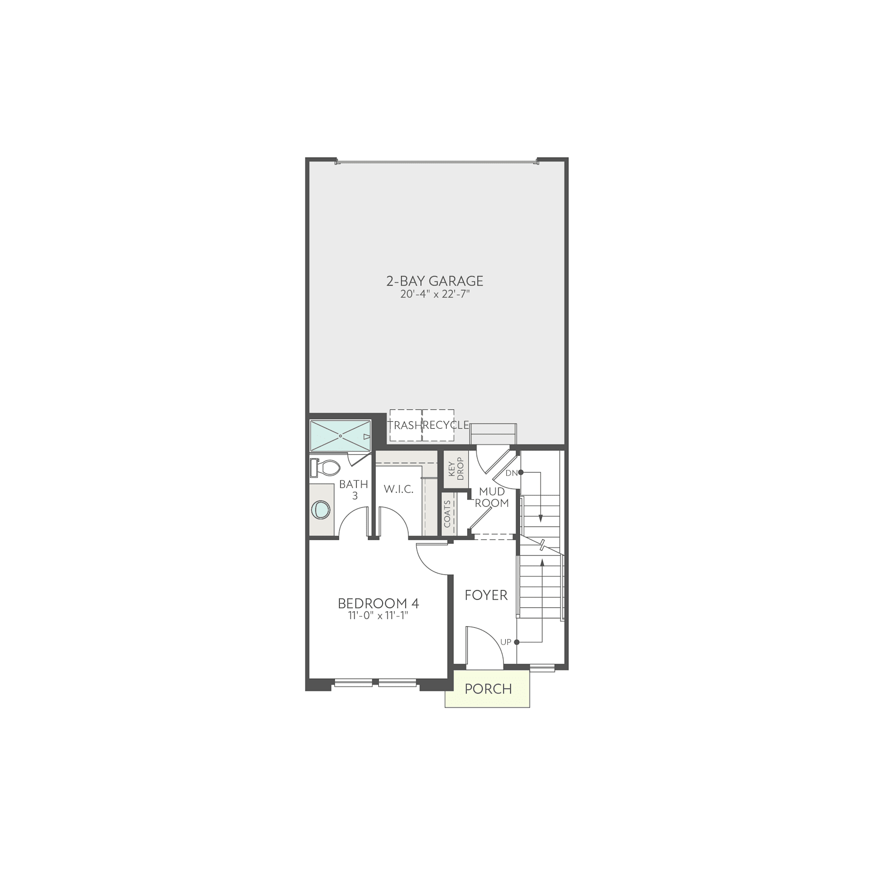 The image shows a floor plan for a 2-bay garage with a bedroom and bathroom on the second floor. The plan includes a porch, foyer, and other labeled rooms.