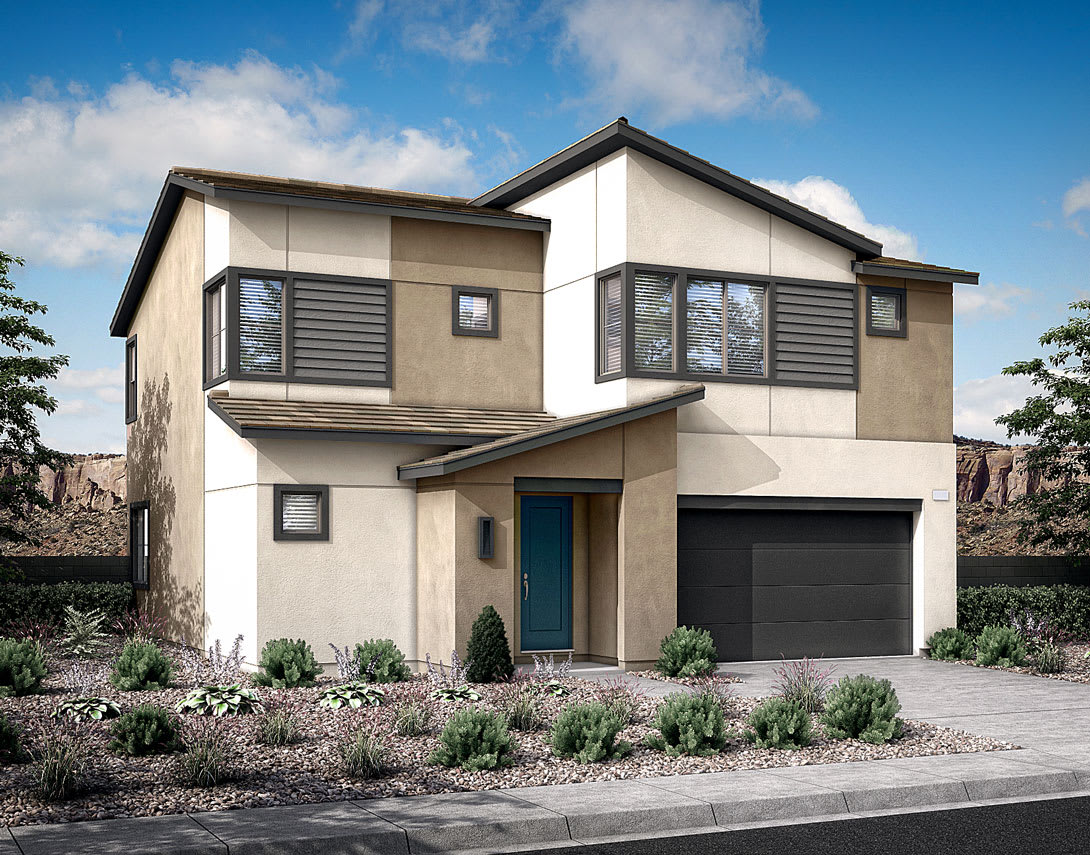 A modern two-story house with a garage, surrounded by landscaped gardens and set against a clear blue sky with scattered clouds.
