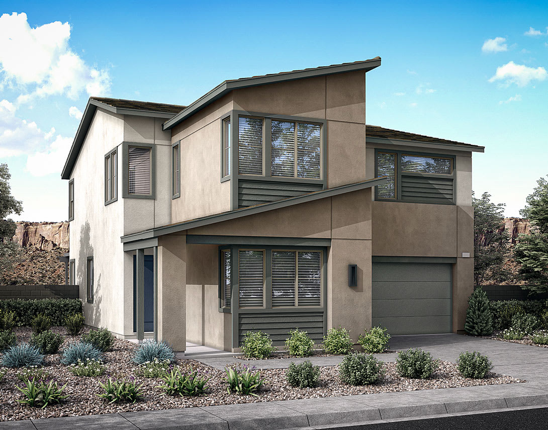 A modern two-story residential building with a garage, surrounded by landscaped gardens and a clear blue sky in the background.