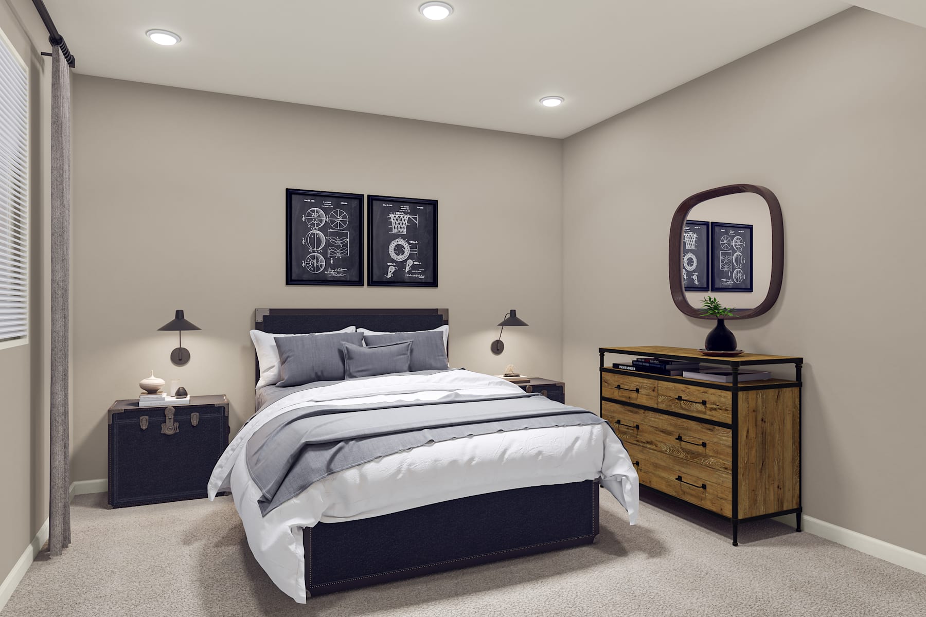 A cozy and well-decorated bedroom with a bed, nightstands, a dresser, and framed artwork on the walls.
