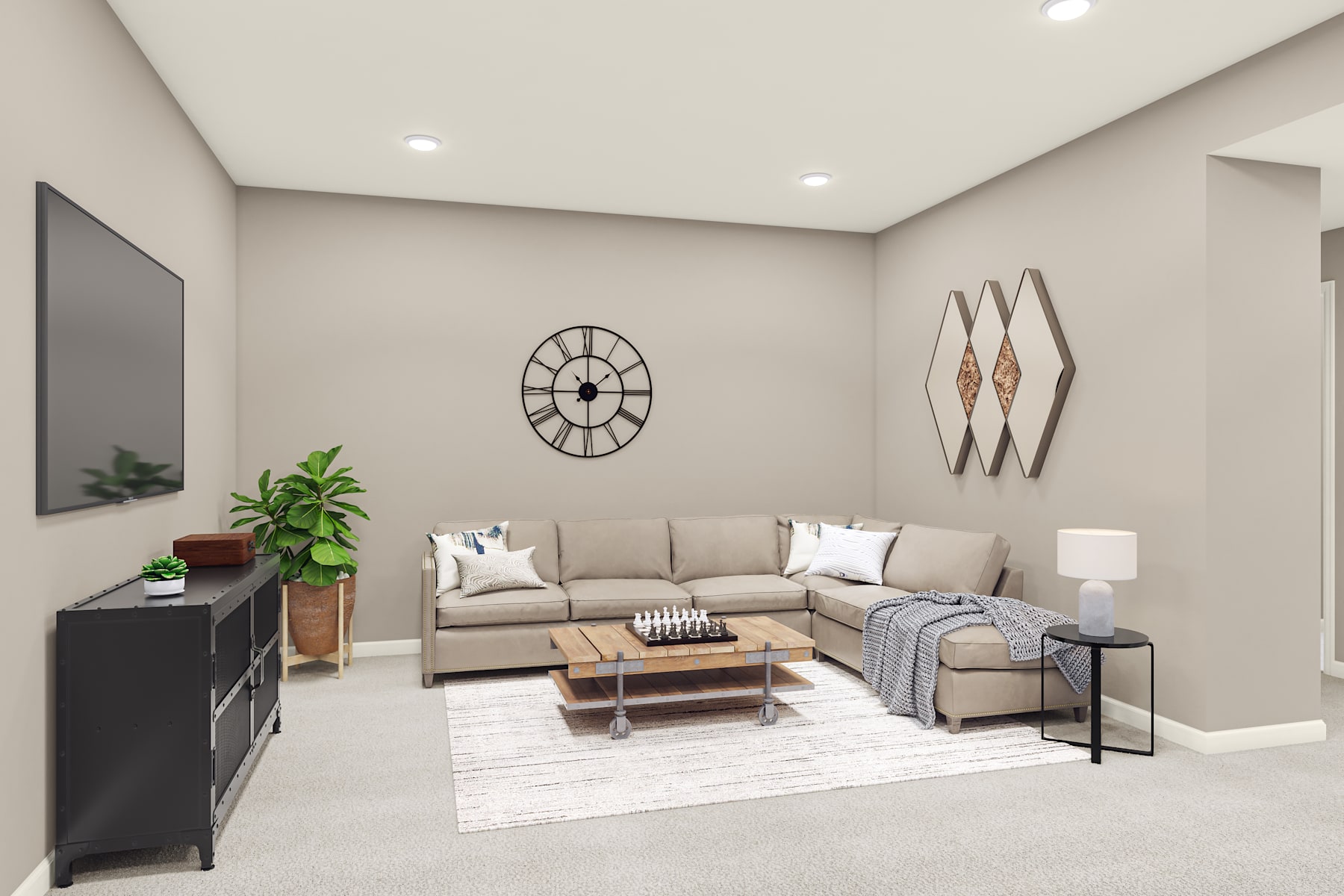 A cozy and modern living room with a beige sectional sofa, a wooden coffee table, and decorative wall accents, set against a neutral-toned background.