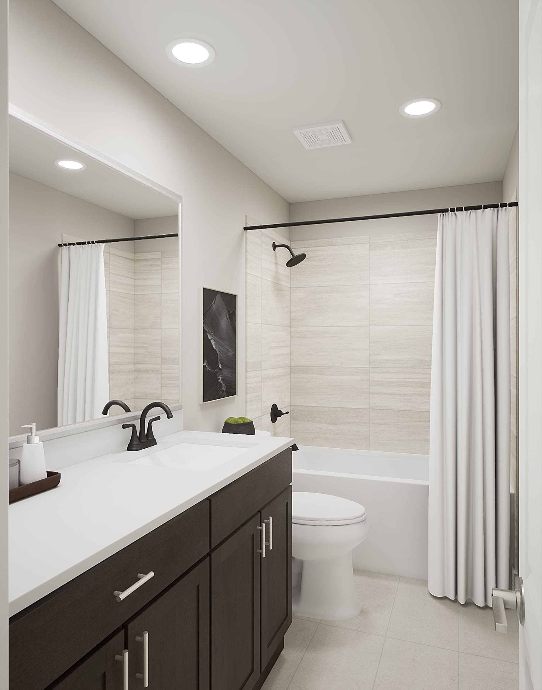 A modern and minimalist bathroom with a double vanity, white countertop, and dark wood cabinets, along with a bathtub and shower curtain in the background.