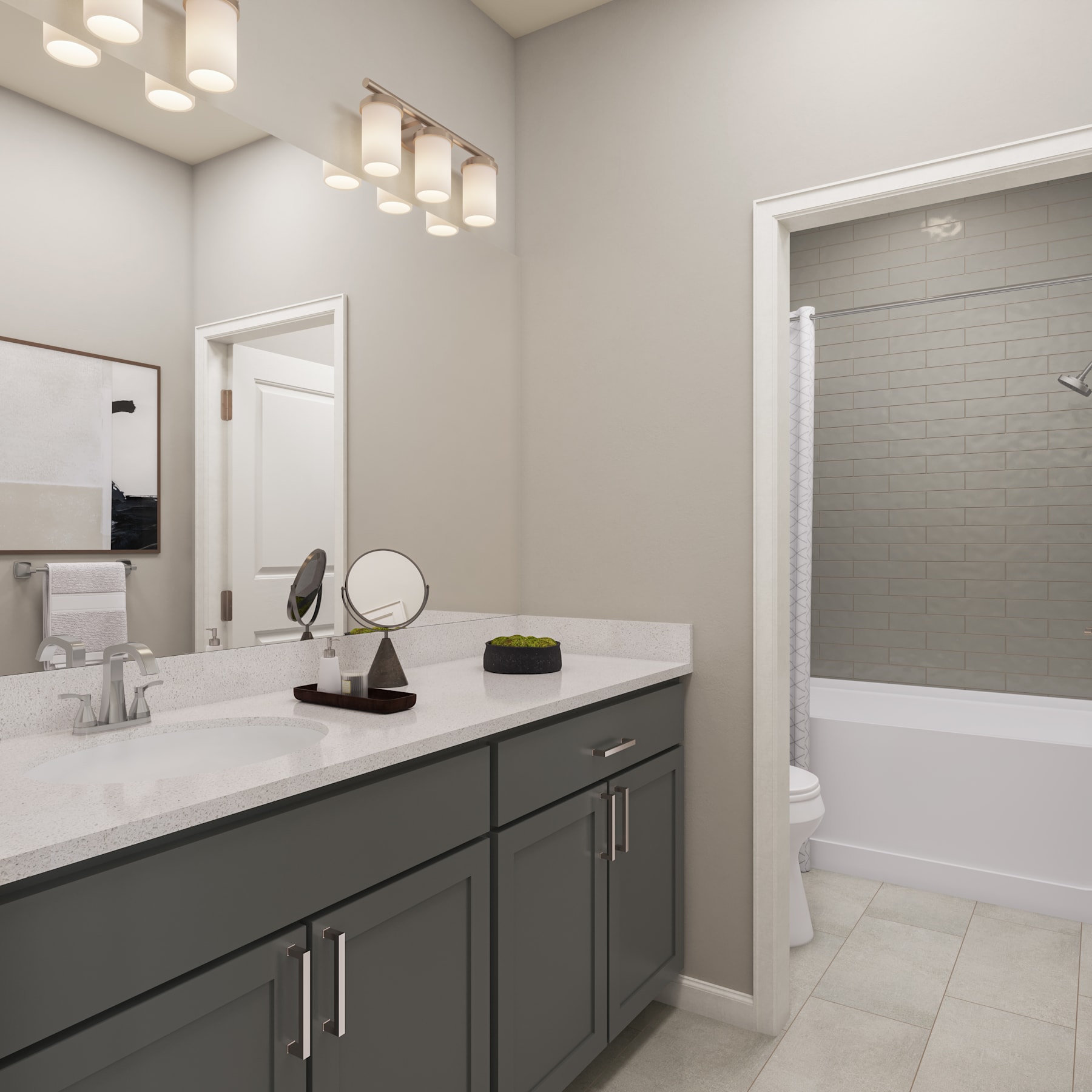 A modern and minimalist bathroom with a dark gray vanity, white countertop, and recessed lighting fixtures on the ceiling.