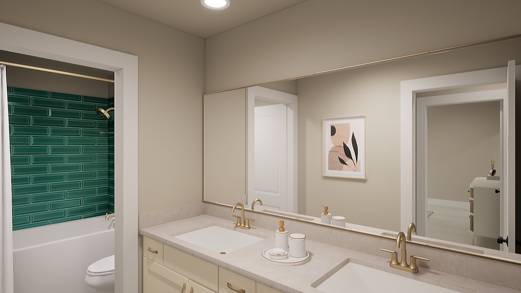 A modern bathroom with a white vanity, gold faucets, and a green tile backsplash, along with a framed artwork on the wall.