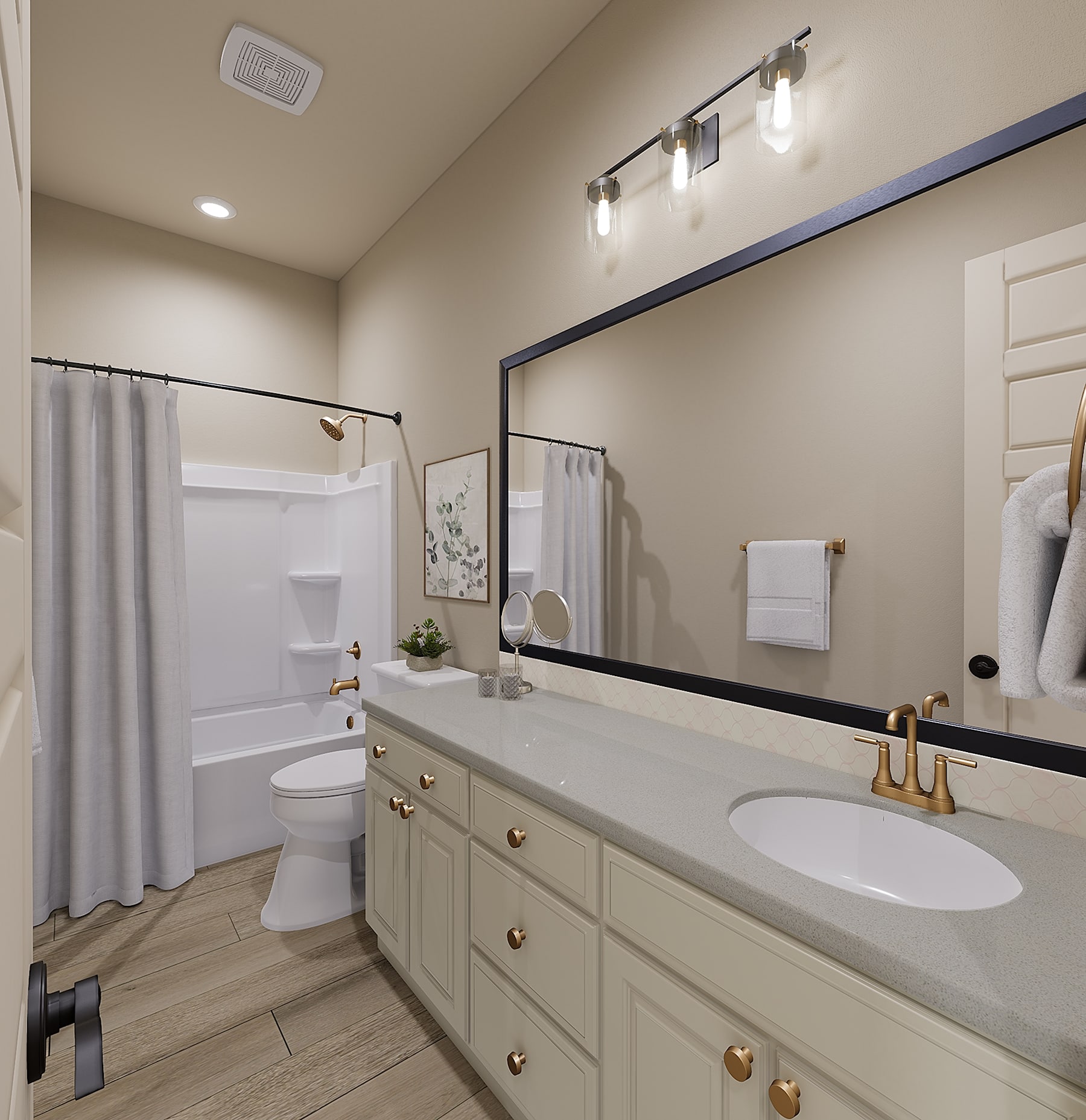A spacious and well-lit bathroom with a large vanity, a toilet, and a shower curtain, all in a neutral color scheme.
