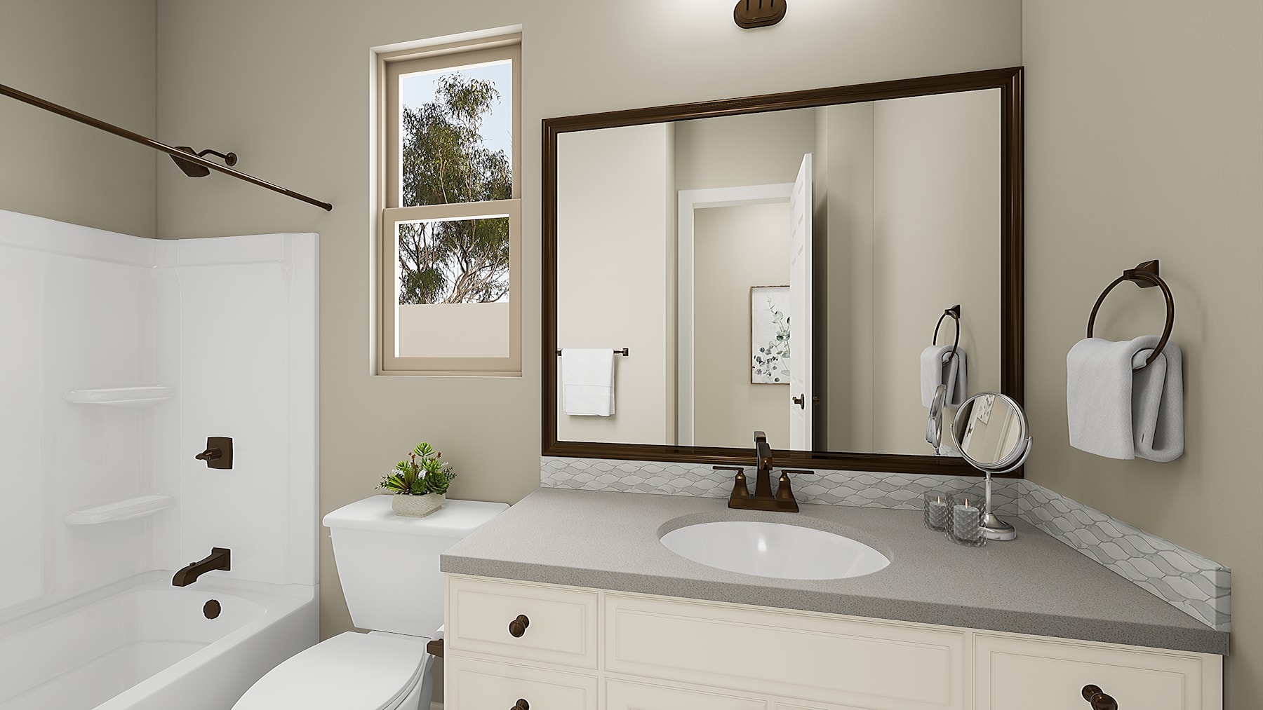 A modern and well-designed bathroom with a large mirror, a white vanity, and a window overlooking the outdoors.