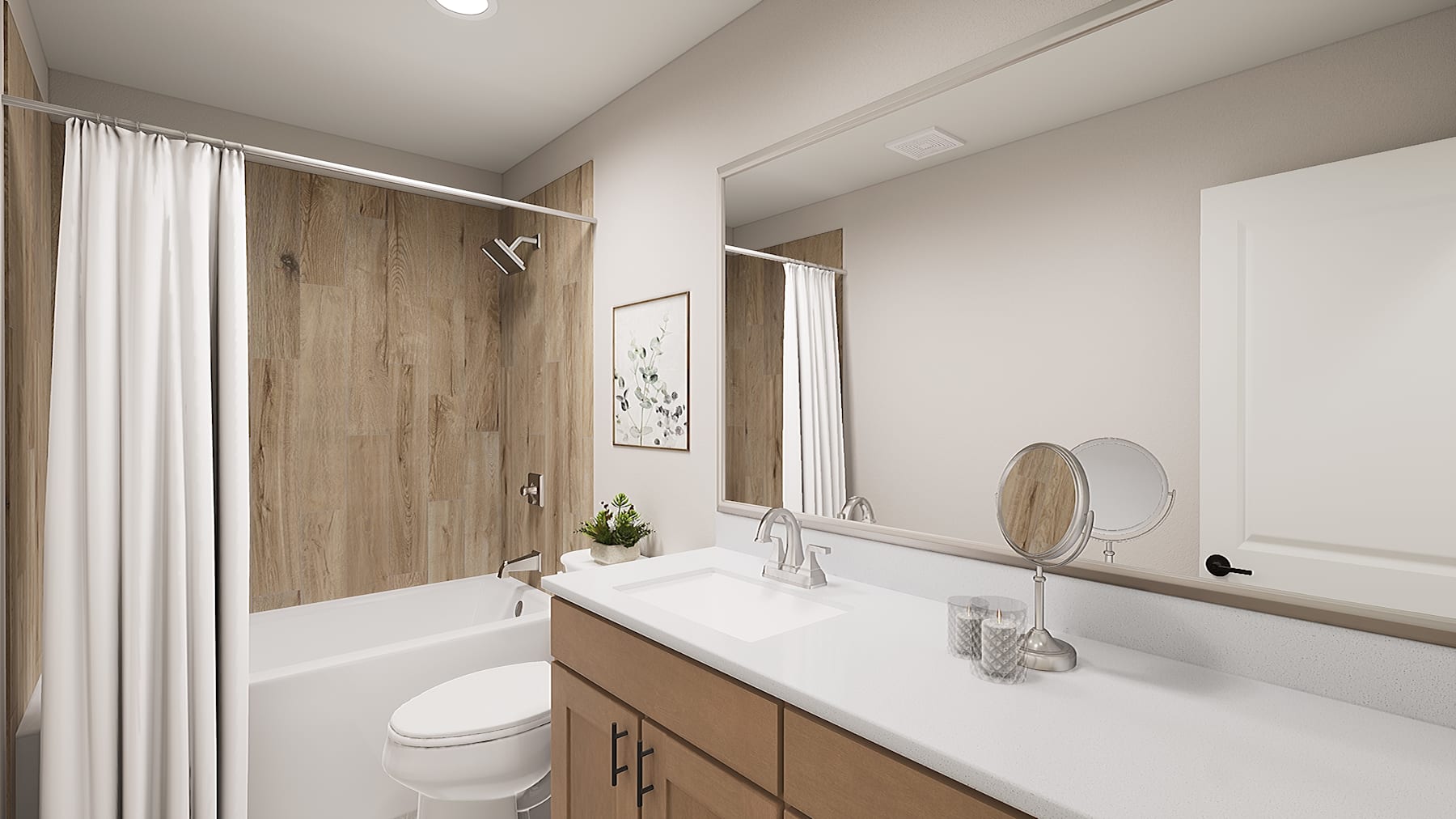 A modern and minimalist bathroom with a white bathtub, a vanity with a white countertop, and a large mirror on the wall. The room features wooden accents and a neutral color scheme.