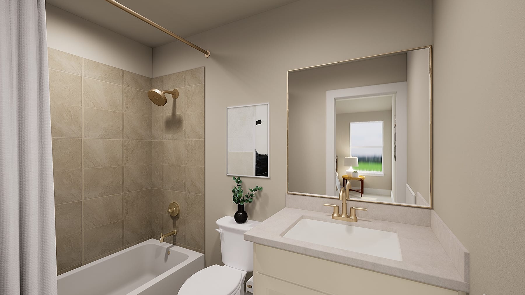 A modern bathroom with a white vanity, a large mirror, and a tiled shower area, set against a neutral color palette.