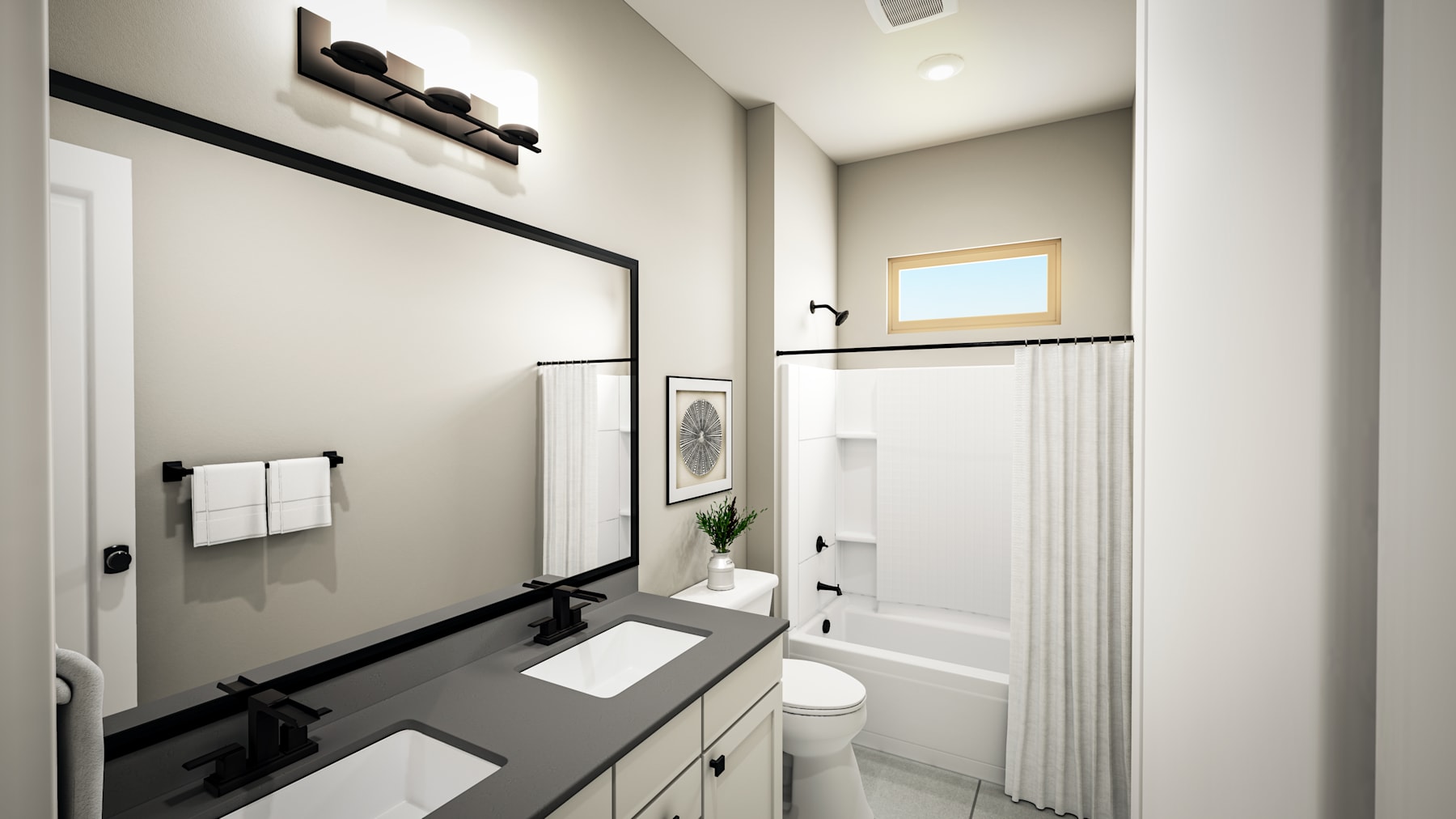 A modern and minimalist bathroom with a vanity, mirror, and shower curtain, set against a neutral color palette.