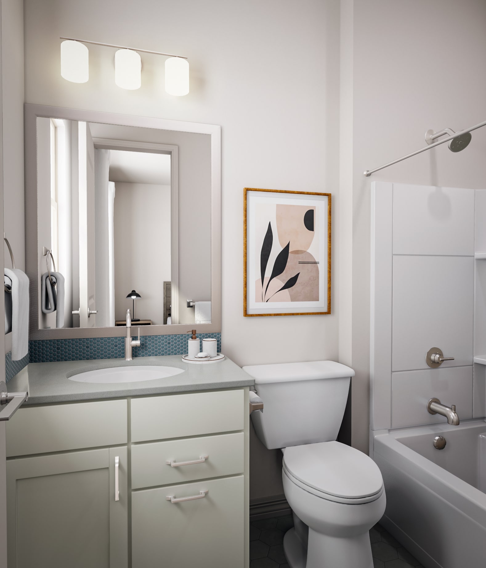 A modern and minimalist bathroom with a vanity, mirror, and framed artwork on the wall, along with a toilet and shower visible in the background.