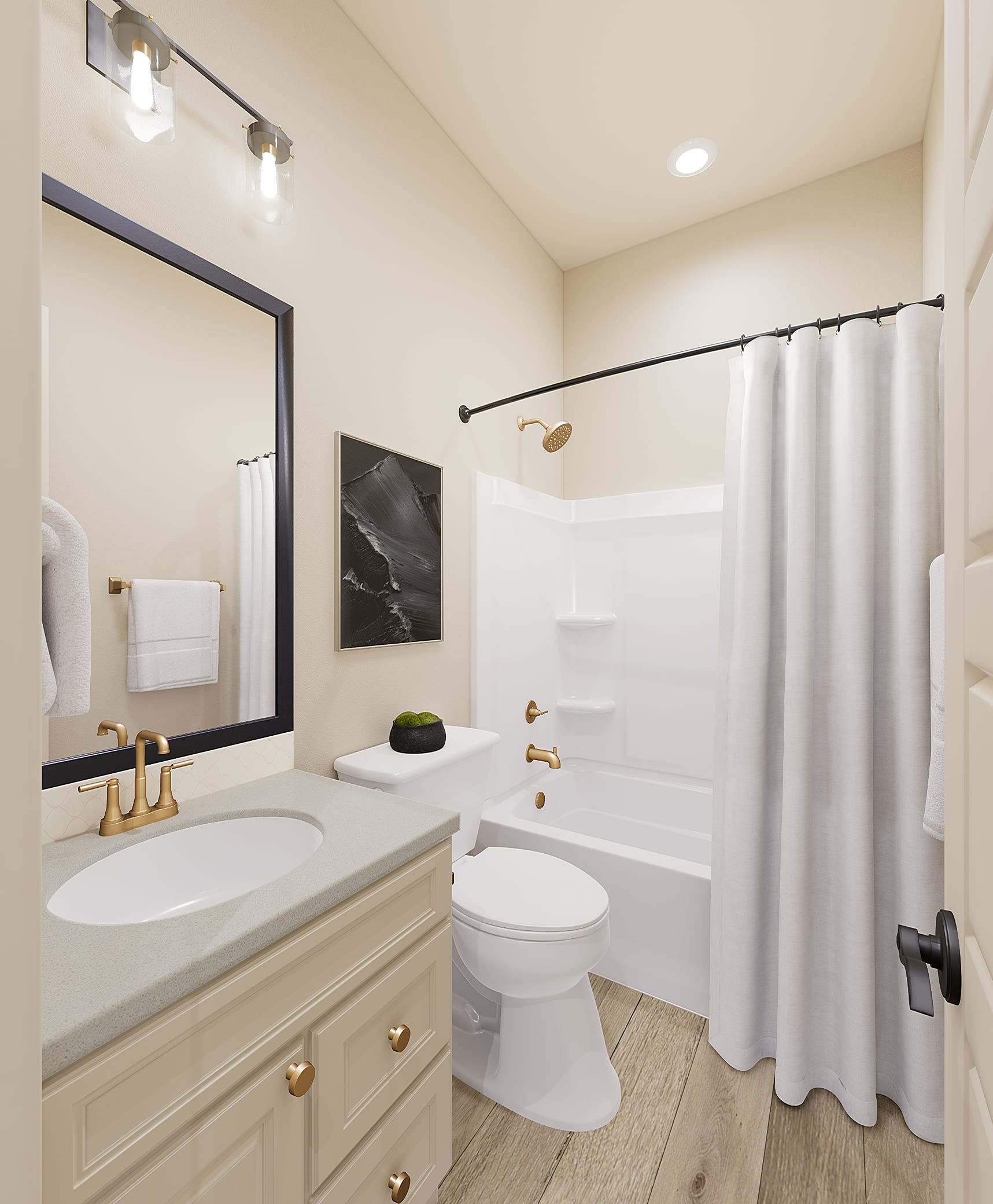 A modern and well-designed bathroom with a white vanity, a large mirror, and a shower curtain, set against a neutral color scheme.