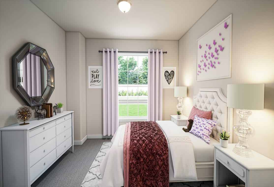 A cozy and well-decorated bedroom with a large window, a tufted headboard, and various decorative elements such as a mirror, artwork, and lamps.